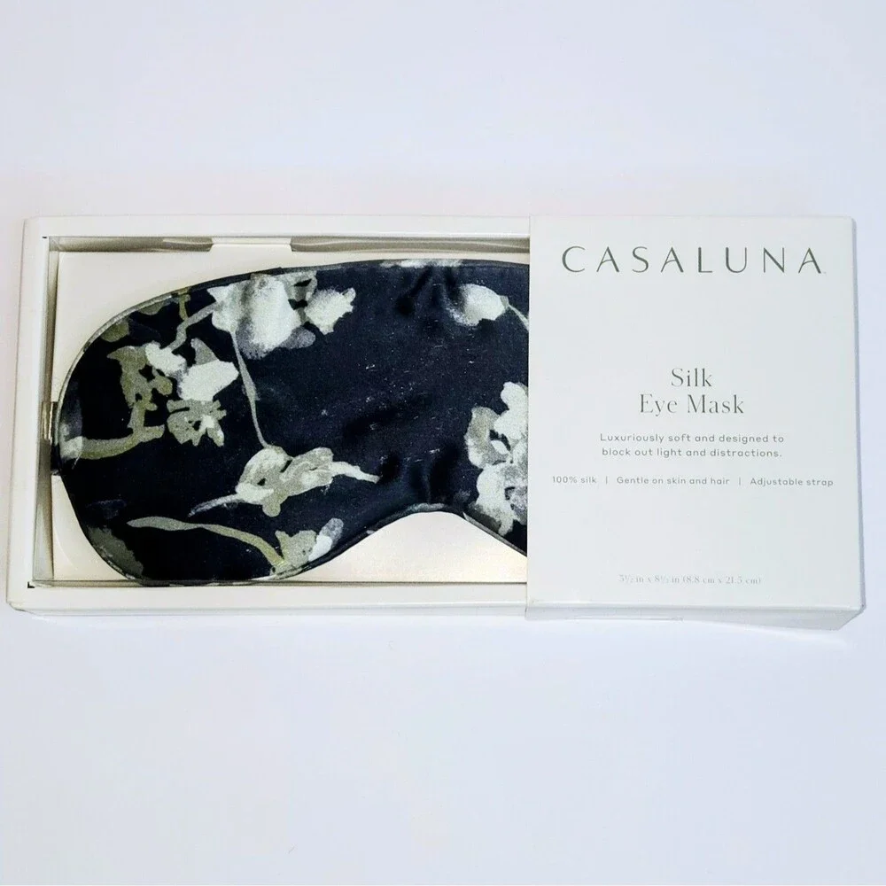 CASALUNA 100% Silk Eye Mask with Floral Print Adjustable Strap Spa Day NEW NIB